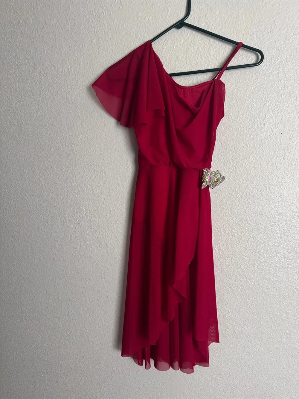 Weissman Red One-Shoulder Chiffon Dance Leotard Costume with Rhinestones Size CL